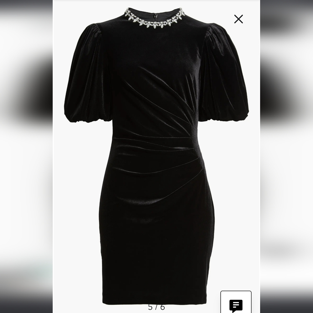 Eliza J Jeweled Neck Black Velvet Puffer Sleeve Dress Size 4 - Picture 5 of 10